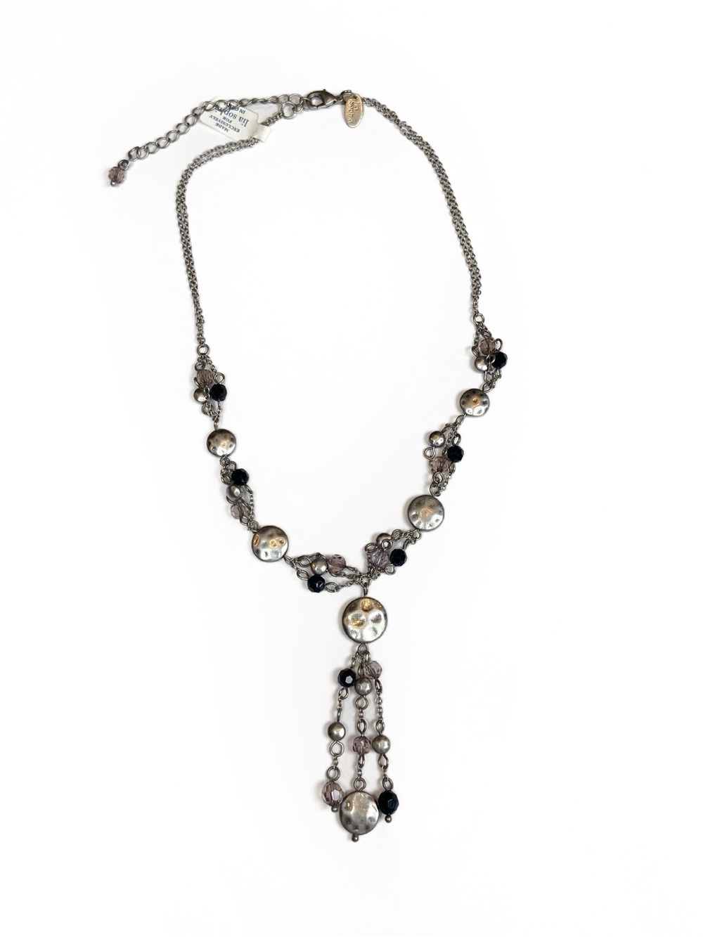NWT Lia Sophia Necklace Silver Hammered Circle Black Beaded New